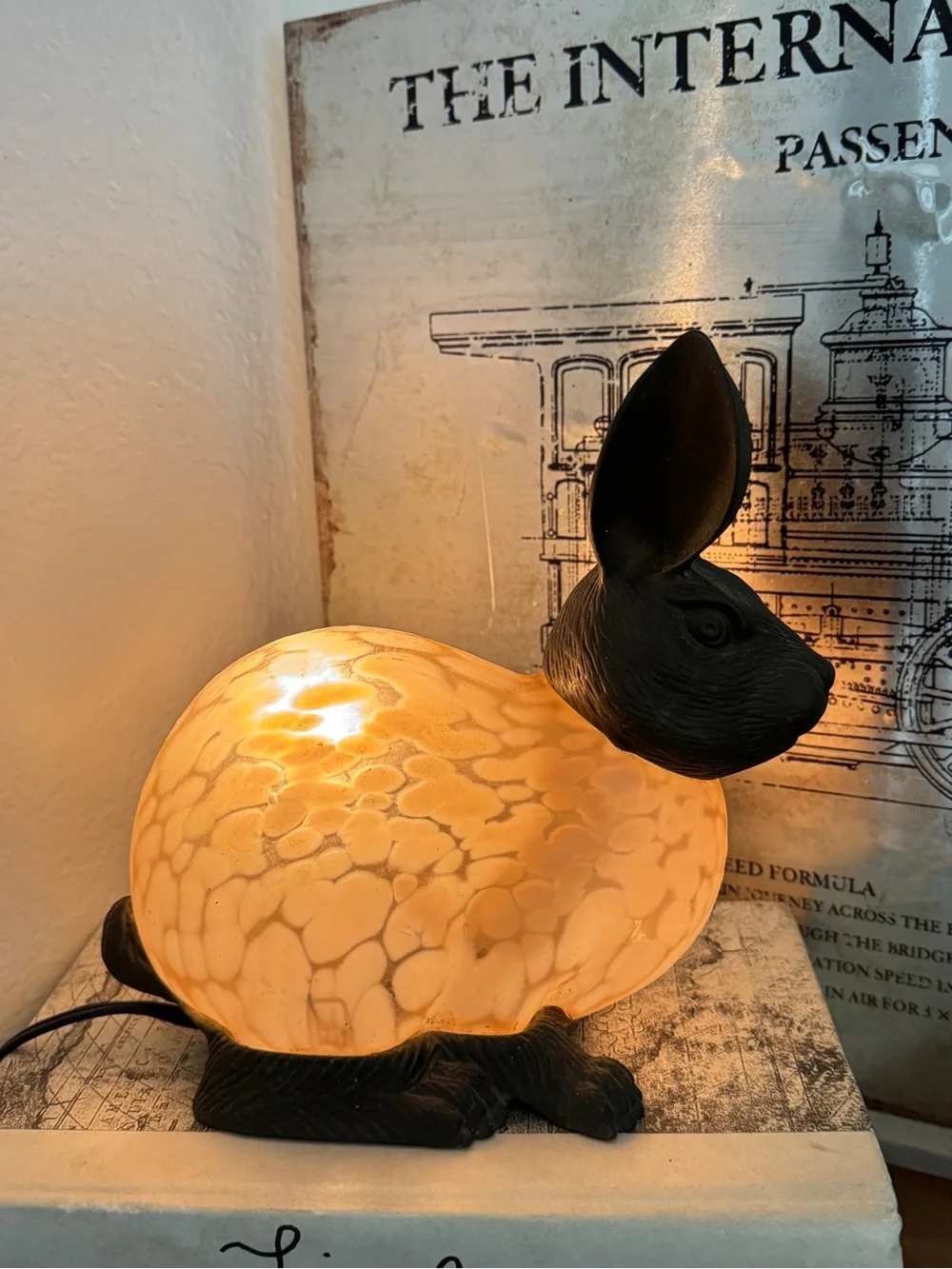 Vintage Andrea by Sadek Tin Chi Rabbit Lamp Glass & Brass Pink Spotted Bunny